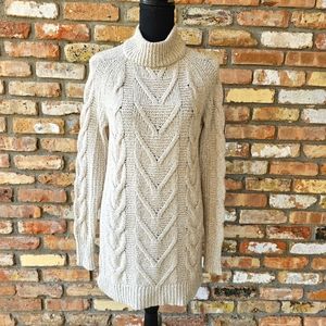 Longline Oatmeal Mock Neck Cable Knit Sweater